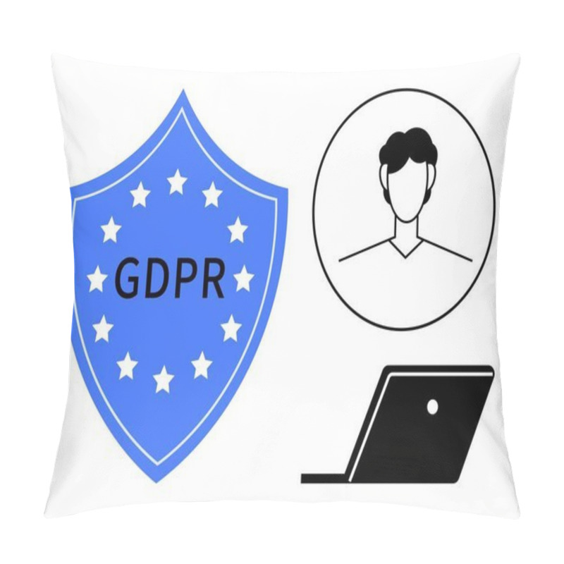 Personality  Blue Shield With GDPR Letters, Person Inside A Circle, And Laptop Silhouette. Ideal For Data Protection, User Privacy, GDPR Compliance, Cybersecurity, Online Regulations, Legal Frameworks European Pillow Covers