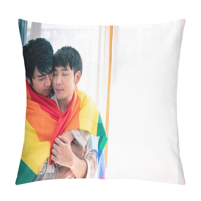 Personality  Gay Couple Sweet And Romantic Moment Under Rainbow Flag Or LGBT Flag. Pillow Covers