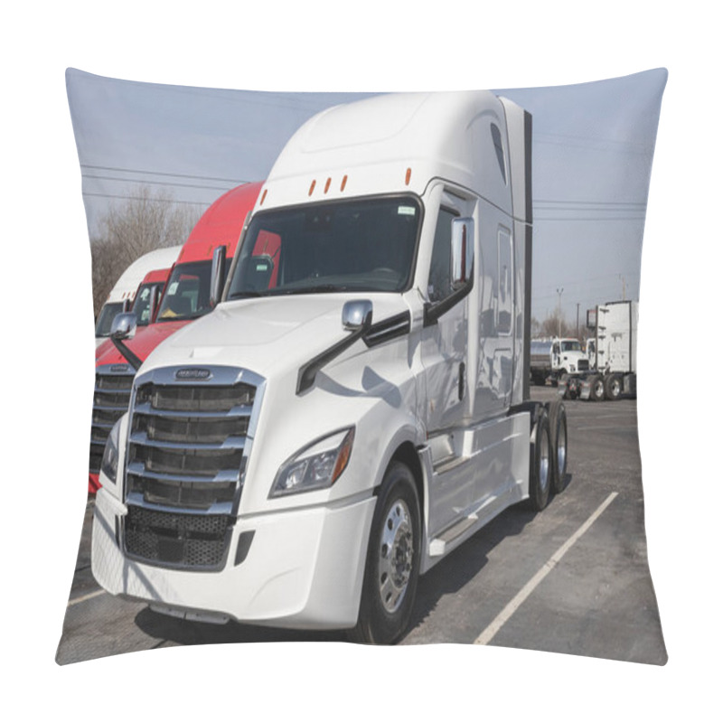 Personality  Indianapolis - Circa March 2022: Freightliner Semi Tractor Trailer Truck Display At A Dealership. Freightliner Is Owned By Daimler Trucks. Pillow Covers