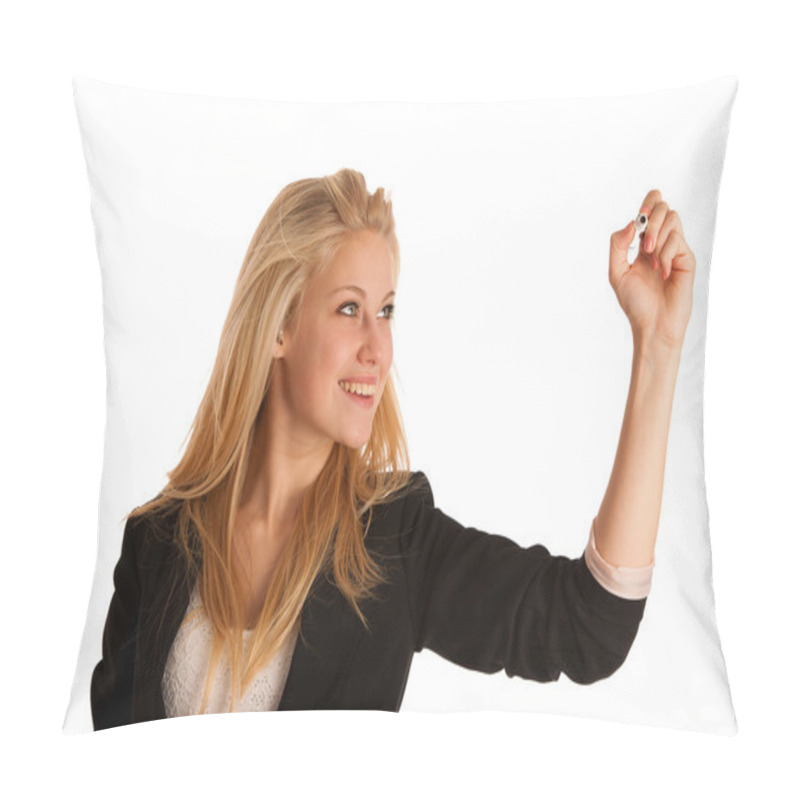 Personality  Young Blonde Business Woman With Blue Eyes, Writes On A Glass Ta Pillow Covers