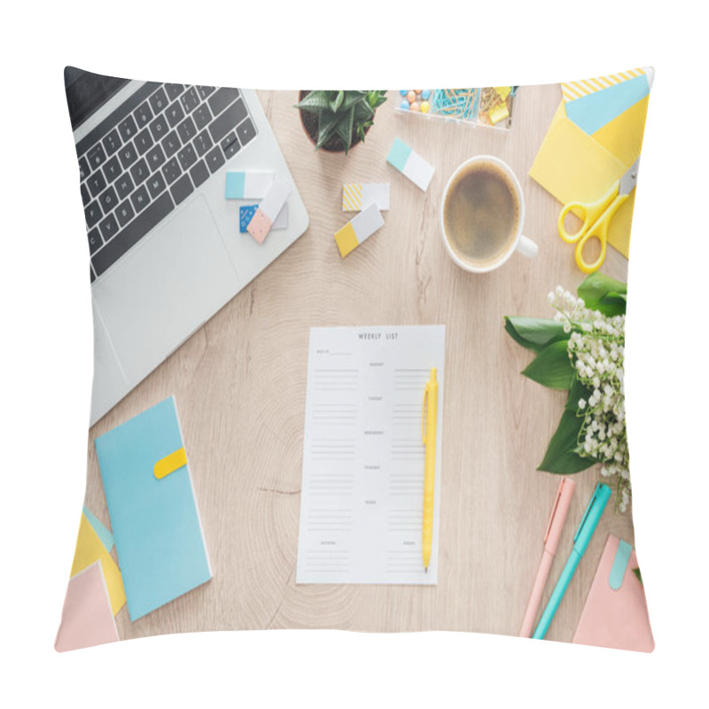 Personality  Top View Of Weekly List, Stationery, Cup Of Coffee And Laptop On Wooden Table Pillow Covers