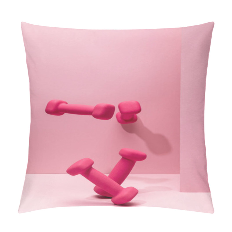 Personality  Pink Bright Dumbbells Flying In Air On Pink Background Pillow Covers