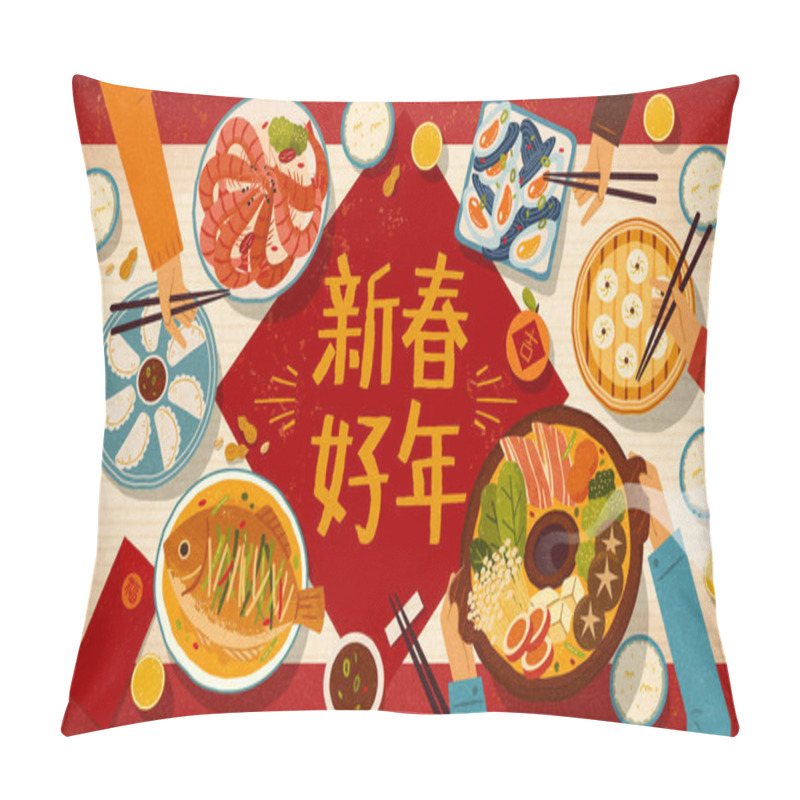 Personality  Greeting Banner For Reunion Dinner, Top View Of Asian Family Enjoying Tasty Traditional Dishes, Translation: Happy Chinese New Year Pillow Covers