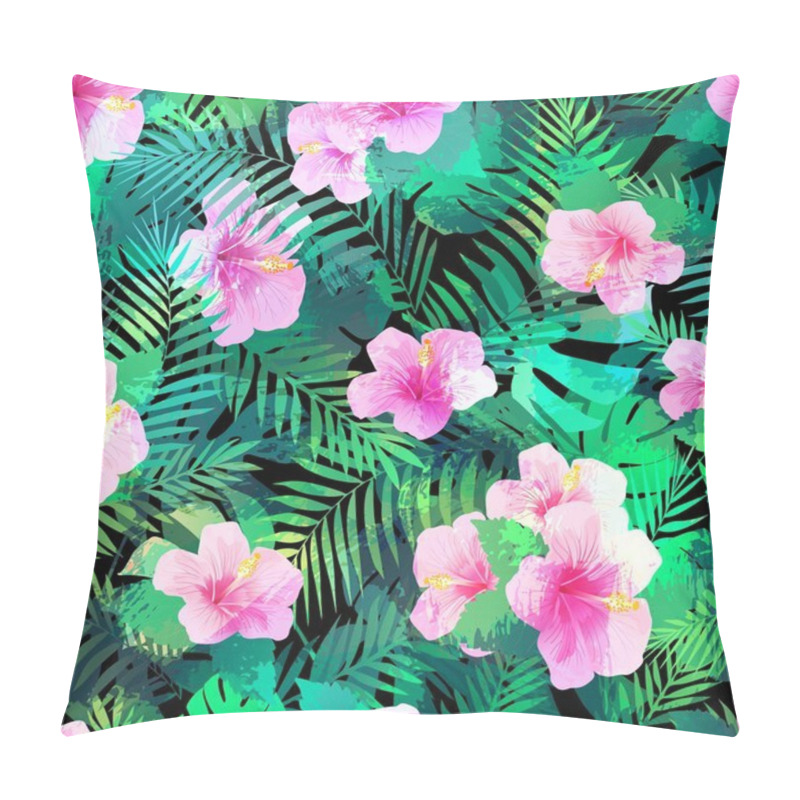 Personality  Seamless Pattern With Exotic Hibiscus Flowers And Palm Leaves. Pillow Covers