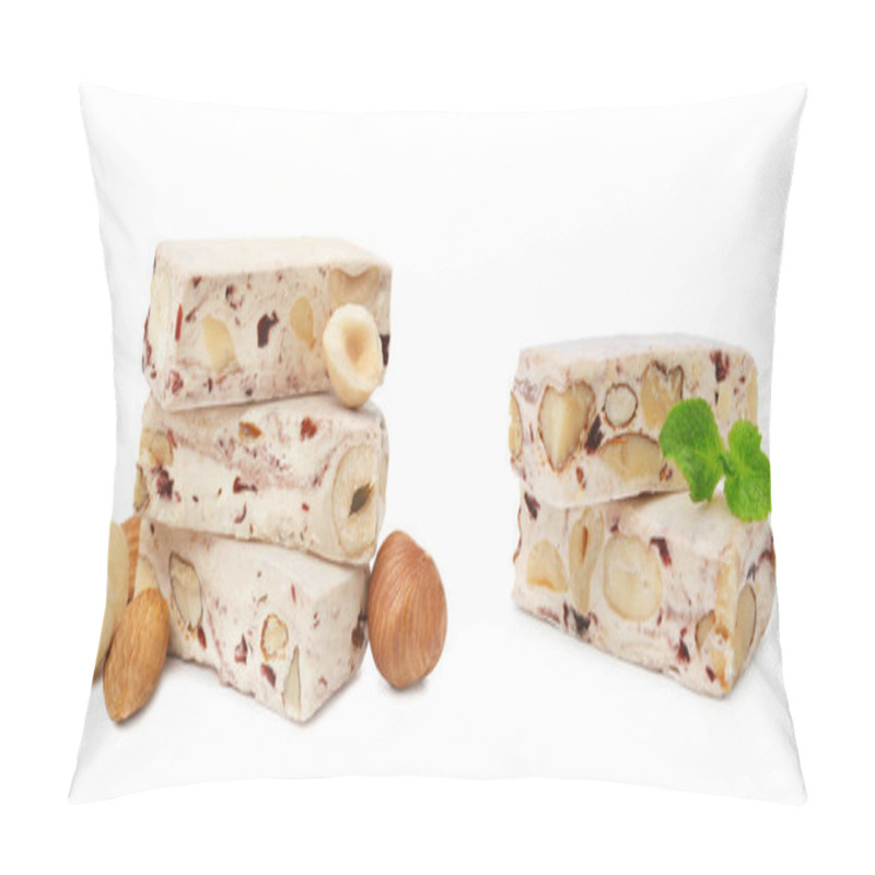 Personality  Delicious Nougat, Mint And Nuts On White Background Pillow Covers