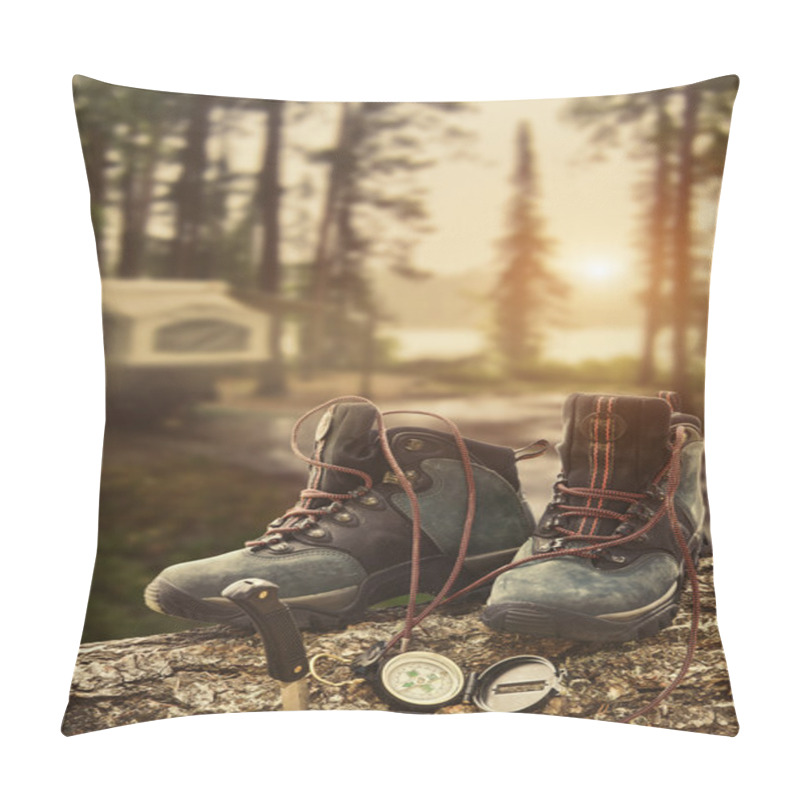 Personality  Hiking Boots With Compass At Campsite Pillow Covers