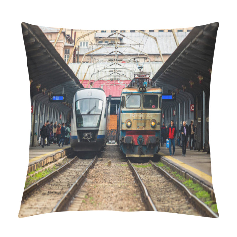 Personality  Changes And Complications Caused By Coronavirus COVID-19 Virus, World Without Crowds, Empty Train Platform. No Commuters, No Travelers At The North Railway Station In Bucharest, Romania, 2020 Pillow Covers