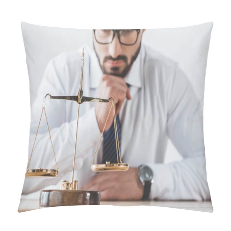 Personality  Pensive Business Adviser Looking At Scales With Precision Weights In Office Pillow Covers