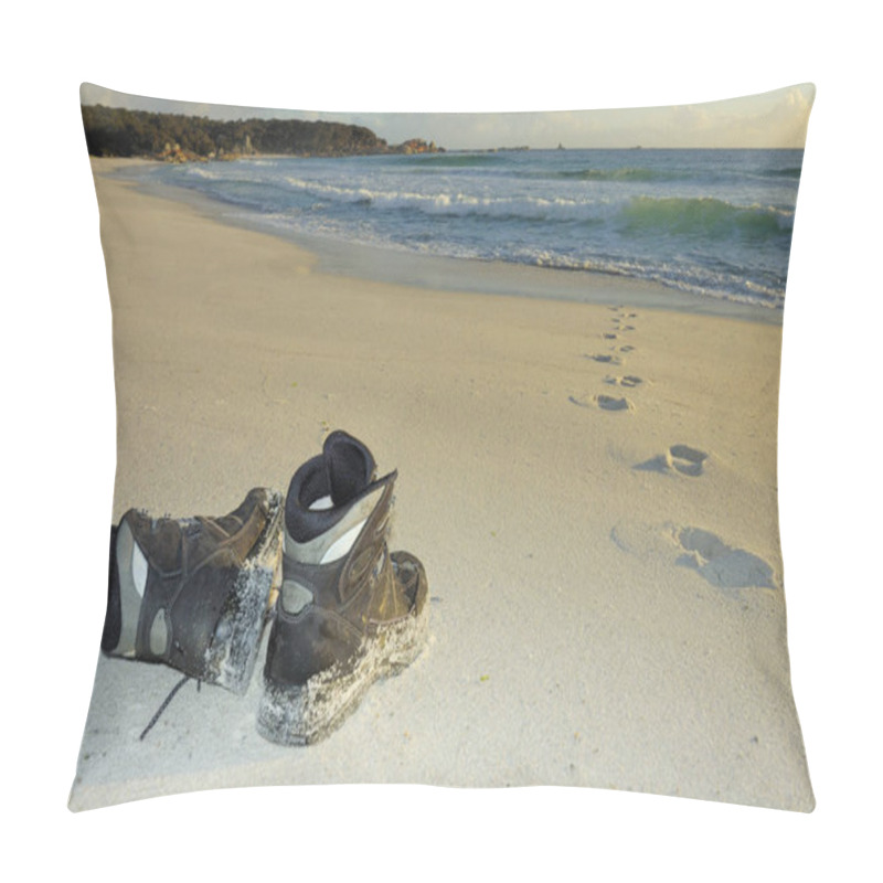 Personality  A Pair Of Boots On A Sandy Beach In The Early Light Of Dawn Footprints Lead Into The Sea But Do Not Come Out Again. Space For Copy On The Sand. Pillow Covers