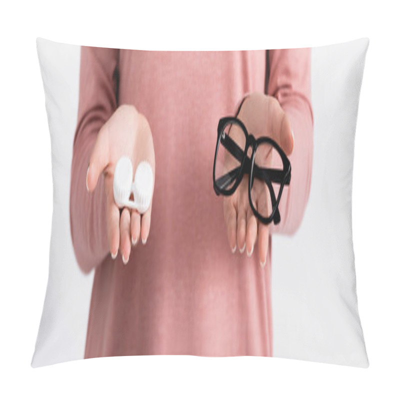 Personality  Cropped View Of Young Woman Holding Box With Contacts And Eyeglasses Isolated On Grey, Banner  Pillow Covers