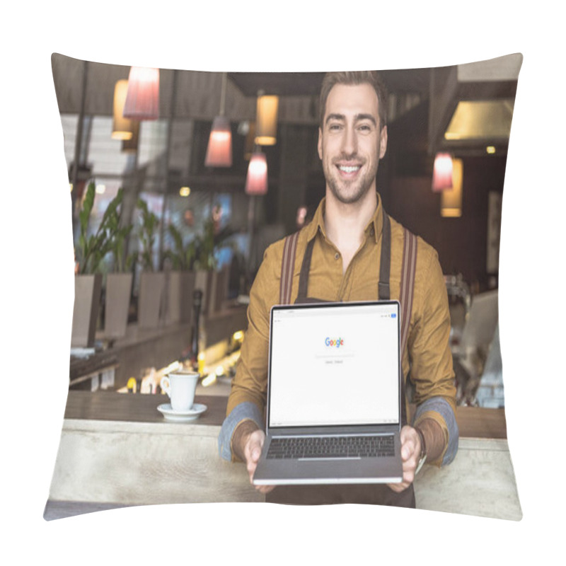 Personality  Handsome Young Waiter Holding Laptop With Google Website On Screen In Cafe Pillow Covers