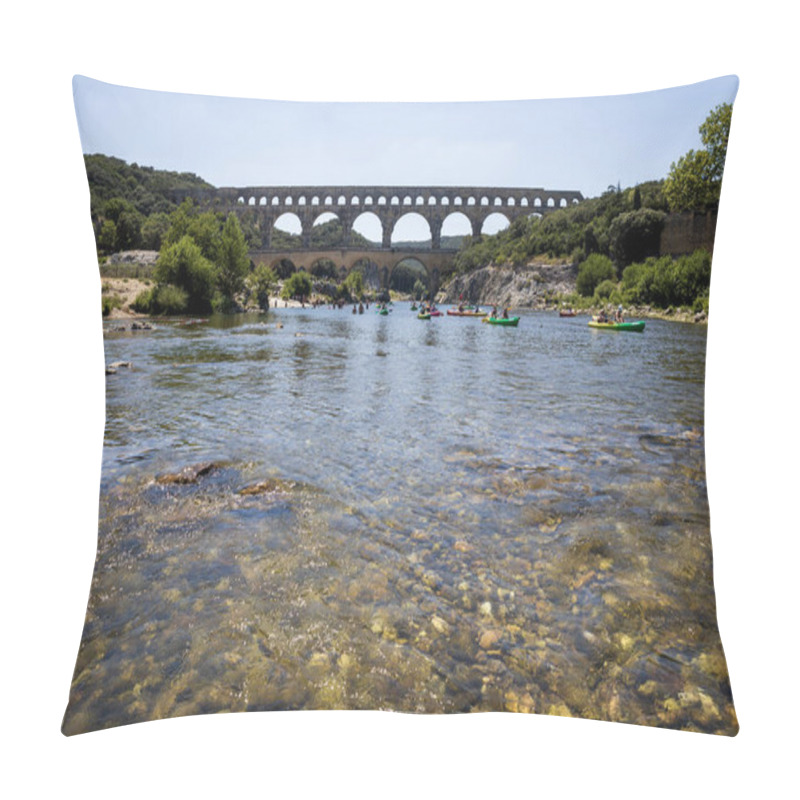 Personality  PROVENCE, FRANCE - JUNE 18, 2018: Pont Du Gard (bridge Across Gard) And People Swimming On Boats In Provence, France Pillow Covers