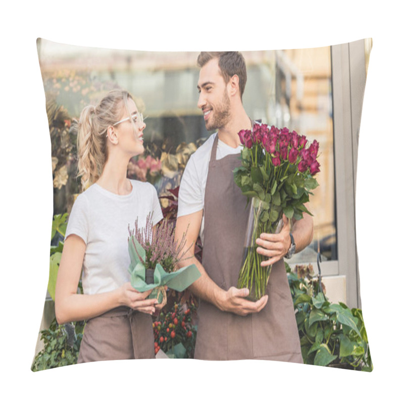 Personality  Smiling Florists Standing Near Flower Shop With Potted Plant And Burgundy Roses, Looking At Each Other Pillow Covers