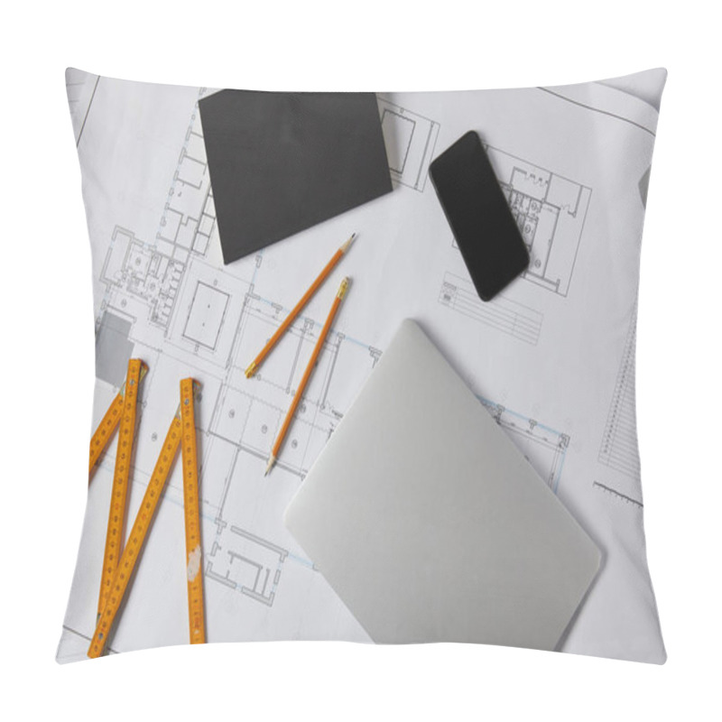 Personality  Collapsible Meter, Laptop, Smartphone With Blank Screen, Pencils, Textbook On Blueprint  Pillow Covers