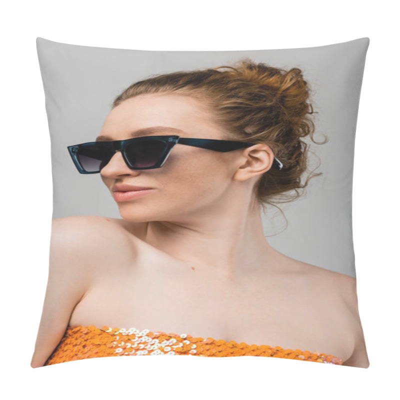 Personality  Fashionable Young Redhead Woman In Sunglasses And Top With Orange Sequins And Naked Shoulders Posing Isolated On Grey Background, Trendy Sun Protection Concept, Fashion Model  Pillow Covers