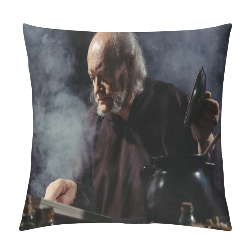 Personality  Medieval Alchemist Reading Magic Cookbook While Preparing Potion At Night On Black Background With Smoke Pillow Covers