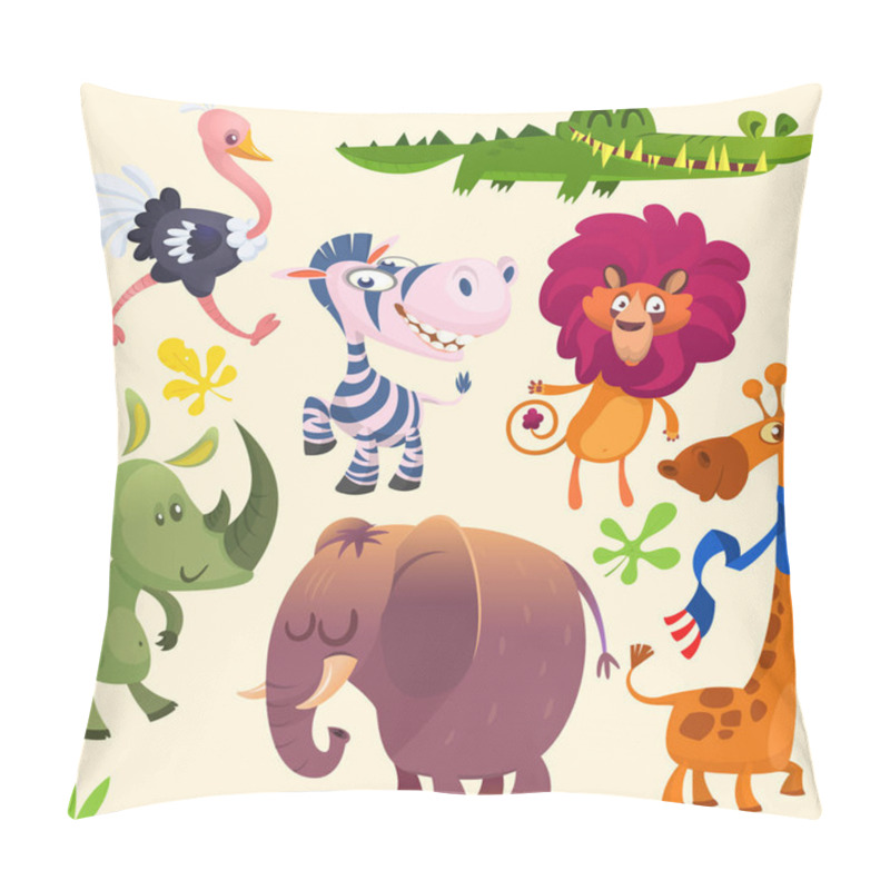 Personality  Cartoon African Savanna Animal Set. Wild Animals Icon Collections. Set Of Cartoon Jungle Animals Flat Vector Illustration. Crocodile Alligator, Giraffe, Rhino, Zebra, Ostrich, Lion And Elephant Pillow Covers