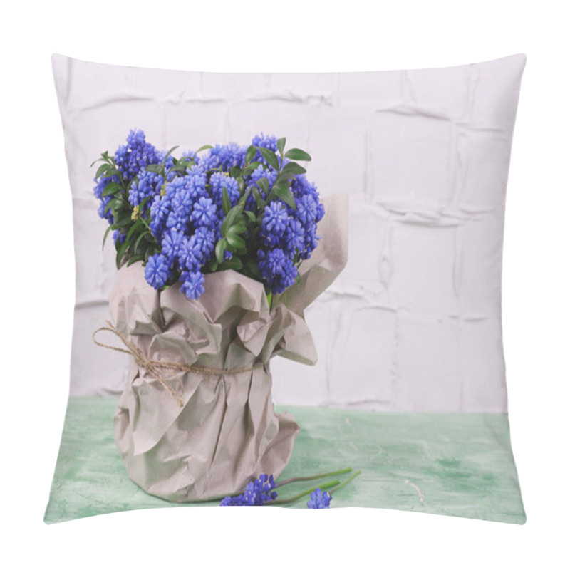 Personality  Beautiful Bouquet Of Muscari - Hyacinth In Vase On Wall Background Pillow Covers