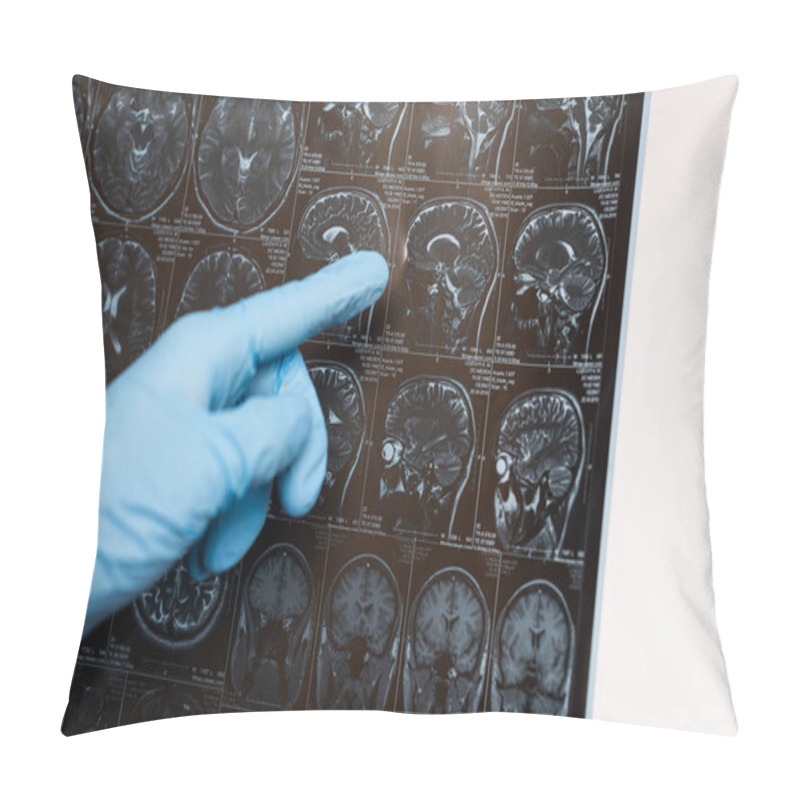 Personality  Cropped View Of Doctor Pointing On Magnetic Resonance Imaging Of Brain Isolated On White, Alzheimer Disease Concept  Pillow Covers