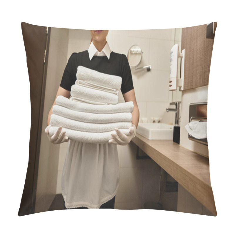 Personality  Beautiful Young Woman With A Warm Smile Balances Fluffy Towels In A Stylish Bathroom Setting. Pillow Covers