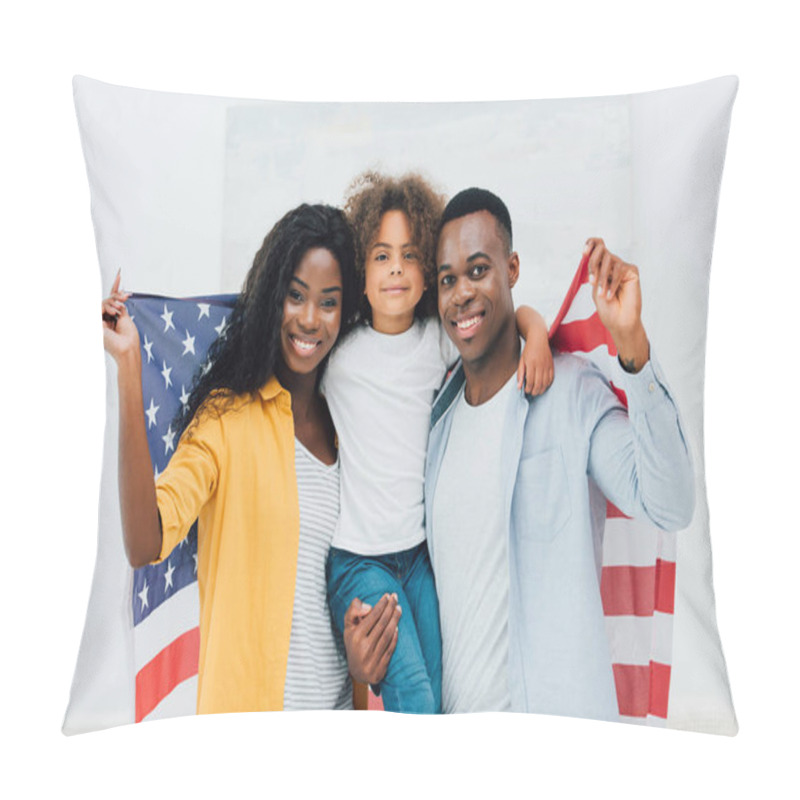 Personality  African American Family Holding Flag Of America While Looking At Camera  Pillow Covers