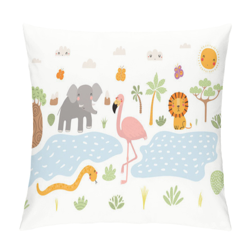 Personality  Hand Drawn Vector Illustration Of Cute Animals Lion, Flamingo, Elephant, Snake In African Landscape. Scandinavian Style Flat Design. Concept For Children Print. Pillow Covers