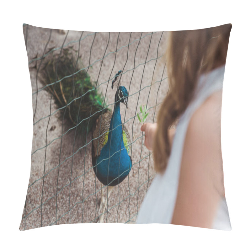 Personality  Cropped View Of Kid Standing Near Peacock In Cage  Pillow Covers