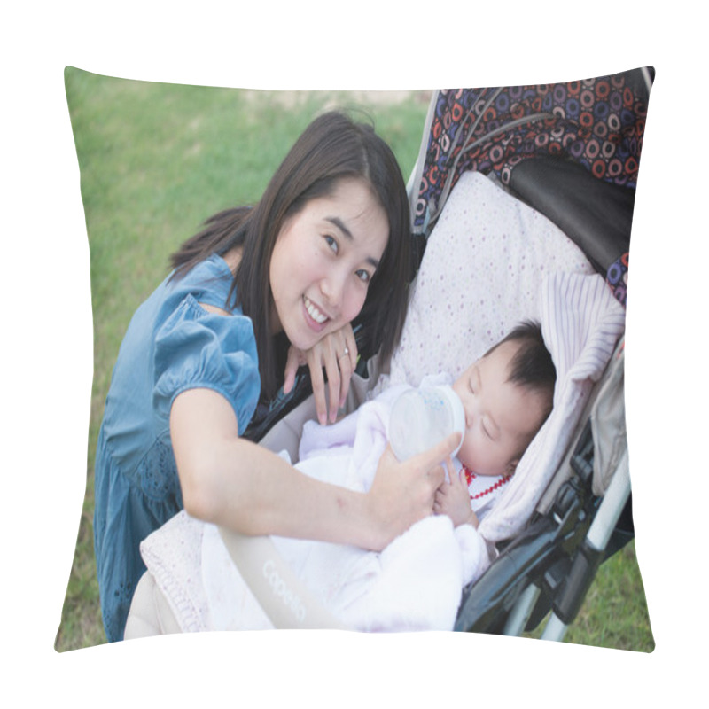 Personality  Happy Asian Mother Feeding To Baby On The Stroller Pillow Covers