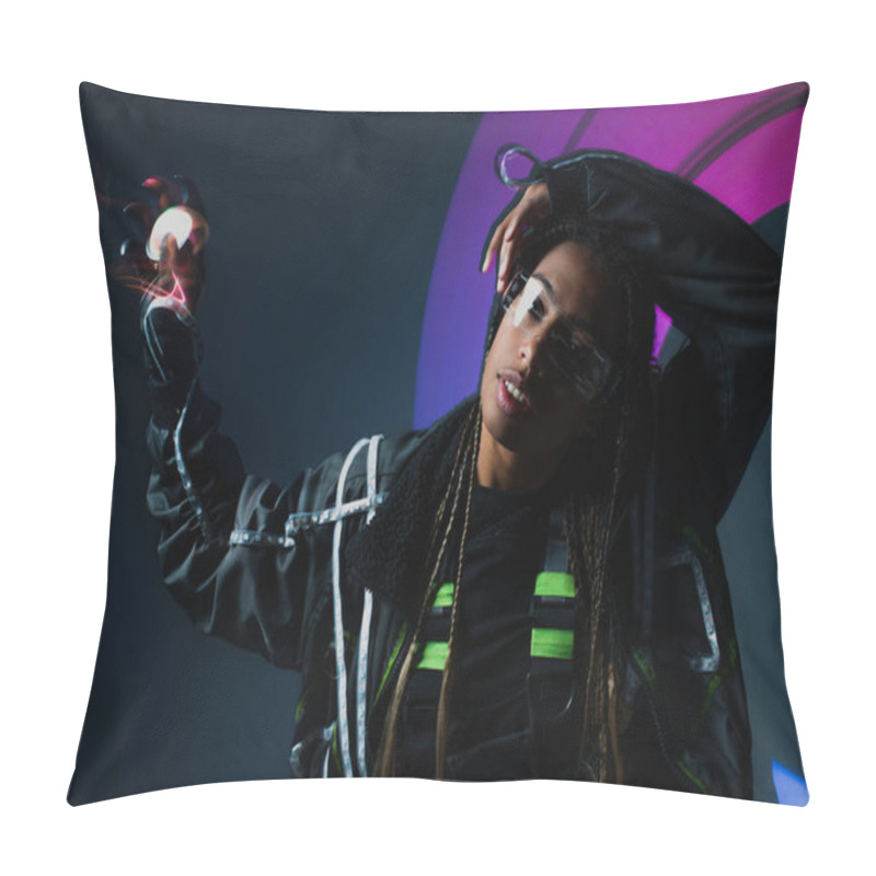 Personality  Stylish African American Woman In Smart Glasses Holding Neon Light On Grey Background With Abstraction  Pillow Covers