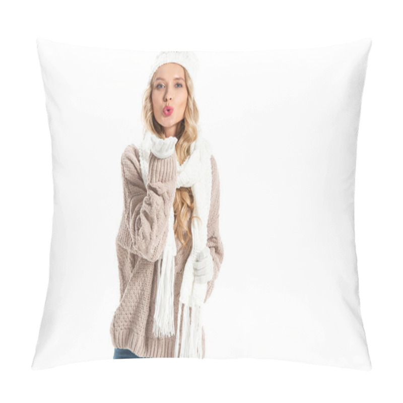 Personality  Attractive Young Woman In Warm Knitted Clothes Blowing Air Kiss And Looking At Camera Isolated On White Pillow Covers