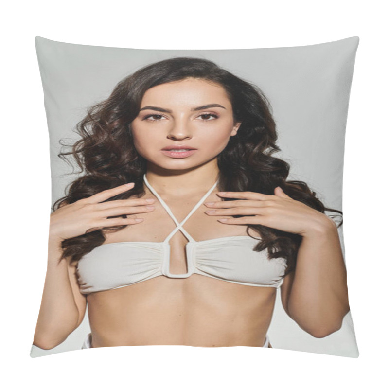 Personality  Appealing Woman With Dark Long Hair Posing Actively. Pillow Covers