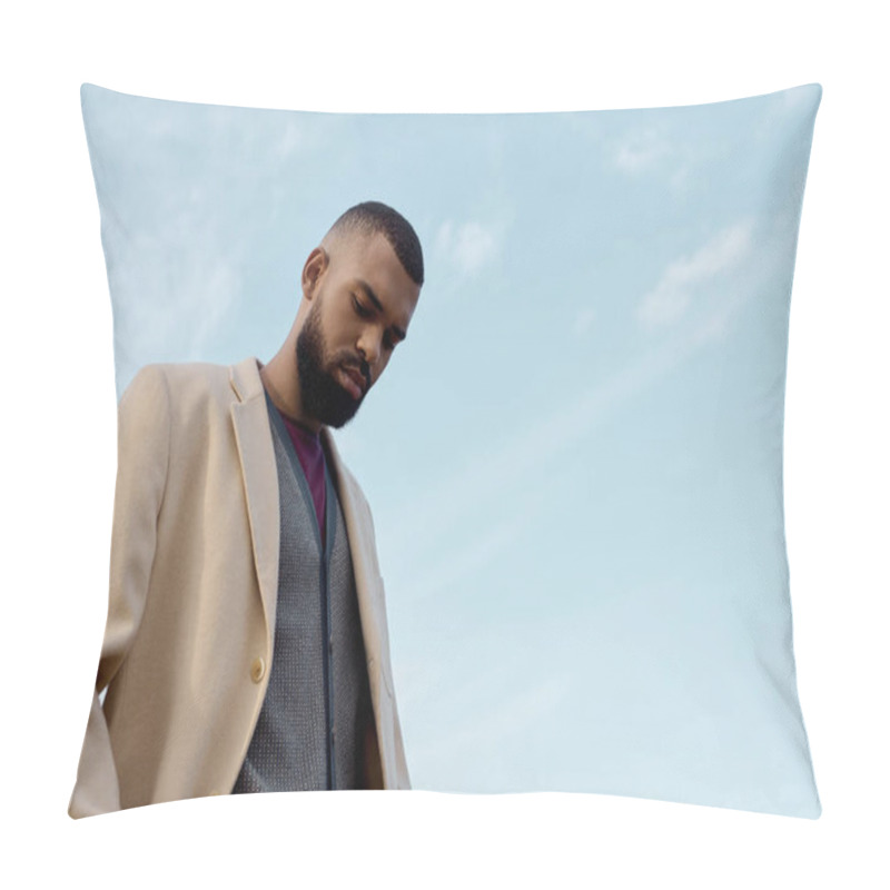 Personality  A Contemplative Man Dressed In Elegant Autumn Fashion Stands In A Tranquil Field, Surrounded By Nature's Beauty. Pillow Covers