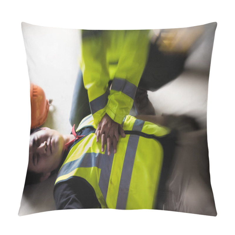 Personality  Start Compressions Using Both Hands - 30 Times, Life-saving And Rescue Methods. Accident At Work Of Electrician Job Or Maintenance Worker In The Control Room Of Factory. Pillow Covers