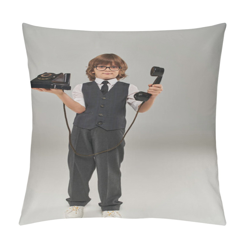 Personality  Elegant Boy In Glasses And Stylish Vest Holding Retro Telephone On Grey Background, Nostalgia Pillow Covers