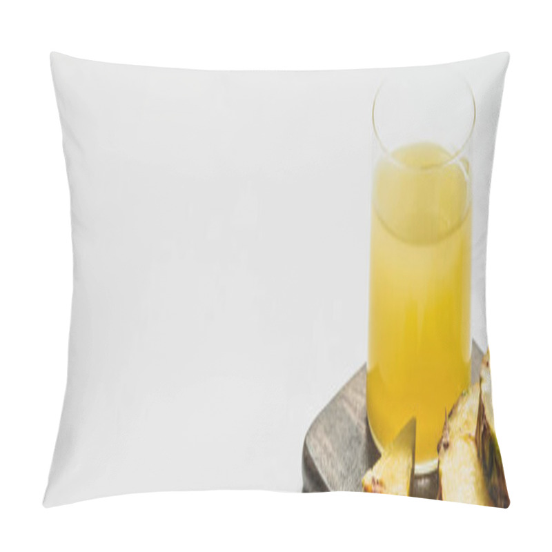 Personality  Fresh Pineapple Juice In Glass Near Cut Delicious Fruit On Wooden Cutting Board On White Background, Panoramic Orientation Pillow Covers