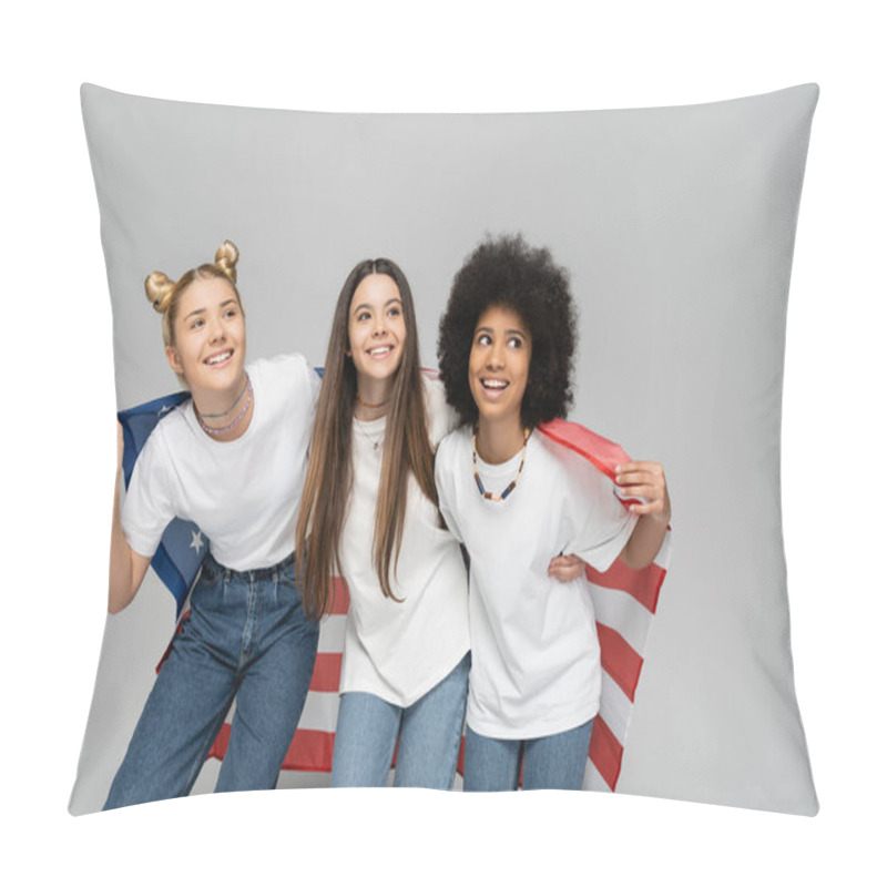 Personality  Teenage And Multiethnic Girlfriends In White T-shirts And Jeans Smiling Away While Holding American Flag And Standing On Grey Background, Energetic Teenage Friends Spending Time, Friendship Pillow Covers