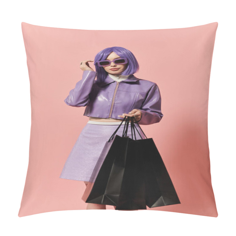 Personality  A Fashionable Woman Showcases Her Vibrant Style While Holding Shopping Bags In A Playful Setting. Pillow Covers