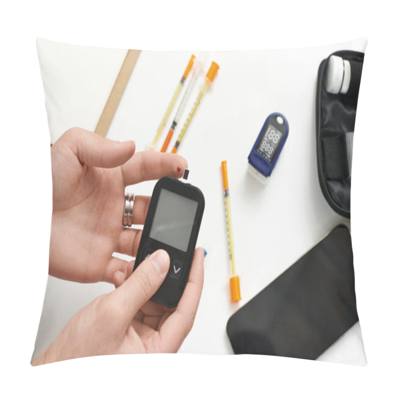 Personality  Young Man Checks Blood Sugar Levels At Home While Showcasing A Healthy Routine. Pillow Covers