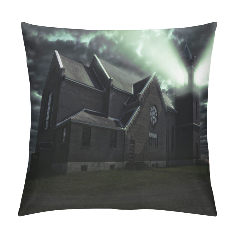 Personality  Ray Of Light Coming From The Bell Tower Of One Haunted Church. Photo Manipulation, 3D Illustration. Pillow Covers