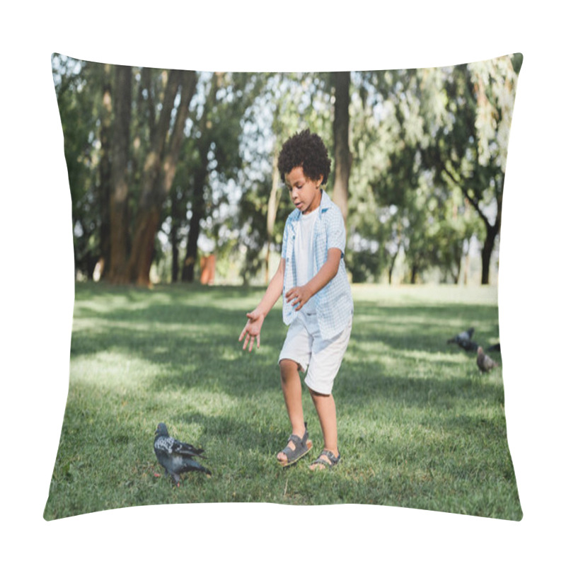 Personality  Cute African American Kid Gesturing While Looking At Pigeons  Pillow Covers