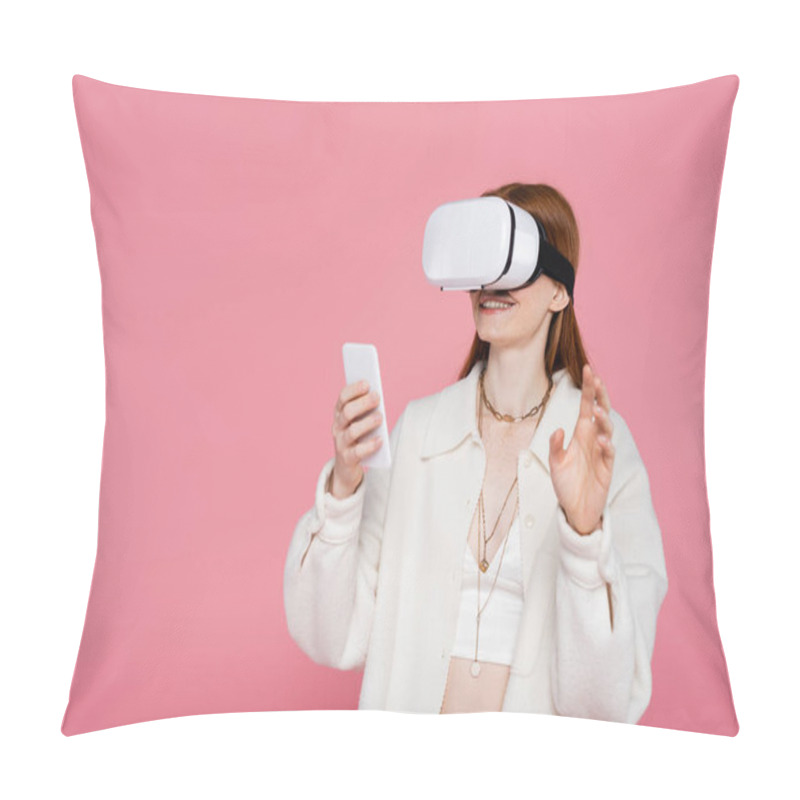 Personality  Positive Woman In Jacket Gaming In Vr Headset And Using Smartphone Isolated On Pink  Pillow Covers