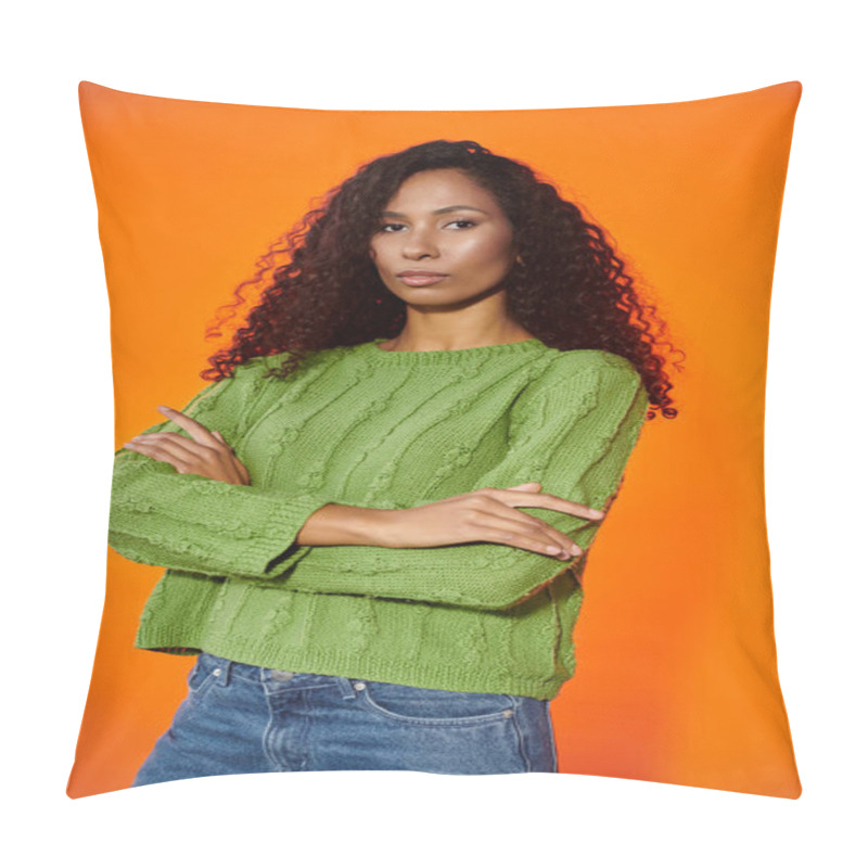 Personality  Confident Woman With Curly Hair Poses In A Green Sweater, Flaunting Her Unique Style. Pillow Covers