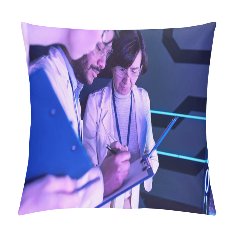 Personality  Futuristic Documentation: Three Scientists Record Parameters In Neon-Lit Science Center Pillow Covers