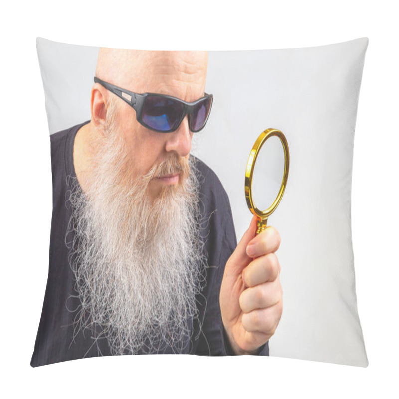 Personality  Bearded Man In Sunglasses Looks Through A Magnifying Glass On A Light Background. Search And Research Concept. Detective Agency Pillow Covers