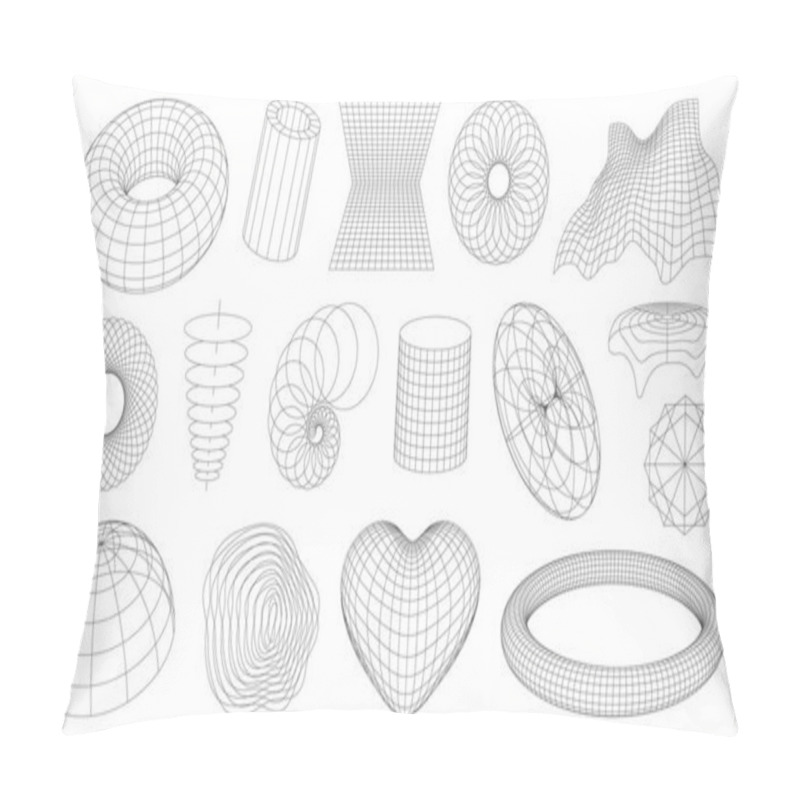 Personality  3d Wireframe Shapes, Brutal Perspective Grid, Retro Tech Mesh Abstract Geometric Figures. Vector Wireframe Sphere, Globe, Torus And Heart, Wave And Spiral Grid, Cylinder, Tunnel And Polygon Shape Mesh Pillow Covers