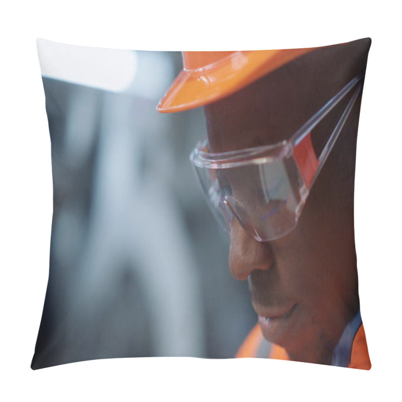 Personality  Portrait Engineer In Safety Glasses At Machinery Plant. Uniformed Supervisor Pillow Covers