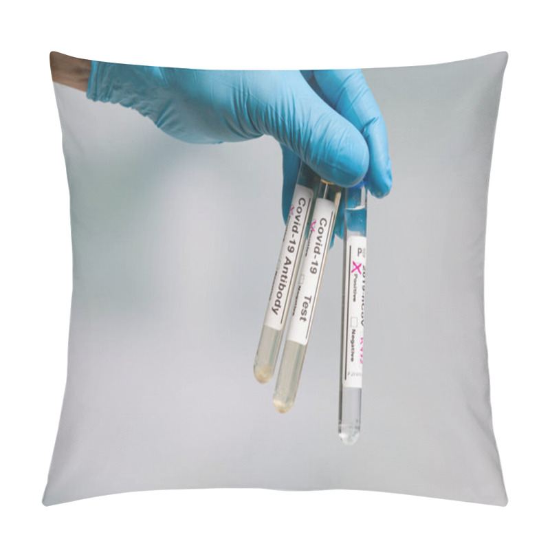 Personality  Hand In Blue Gloves Holding Test Tubes After Virus Analysis With Result Markers In Front Of A Lab Room Pillow Covers