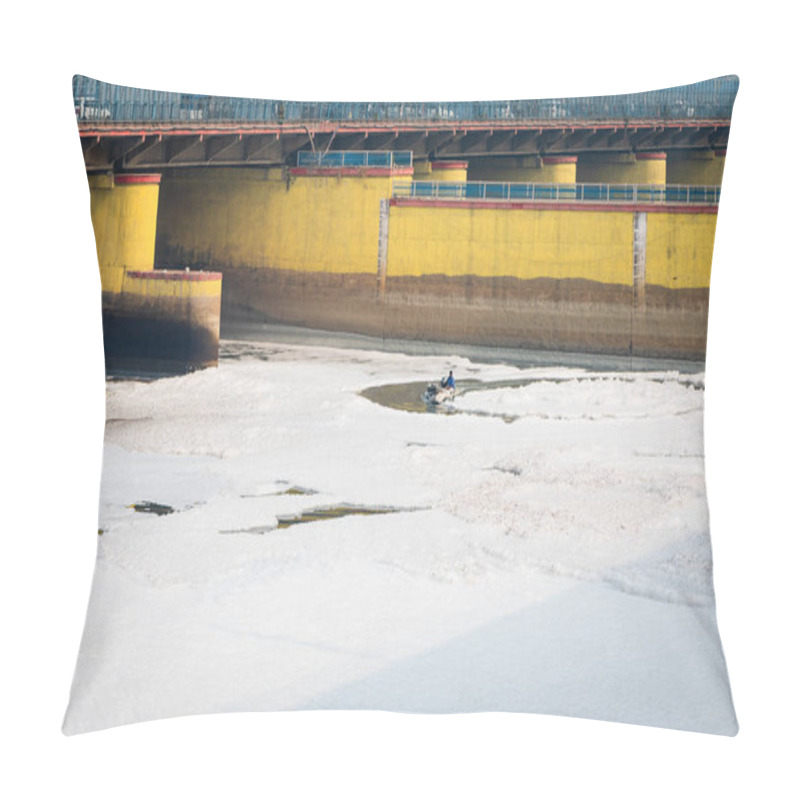 Personality  Polluted River With Industrial And Domestic Effluents Toxic Foam And Road Bridge At Morning Video Is Taken At Yamuna River Okhla Barrage Delhi India On Nov 04 2024. Pillow Covers