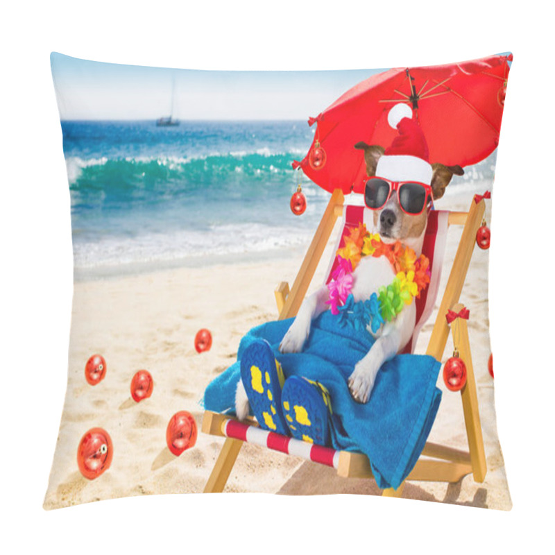 Personality  Dog In Hammock  As Santa Claus On Christmas At The Beach Pillow Covers