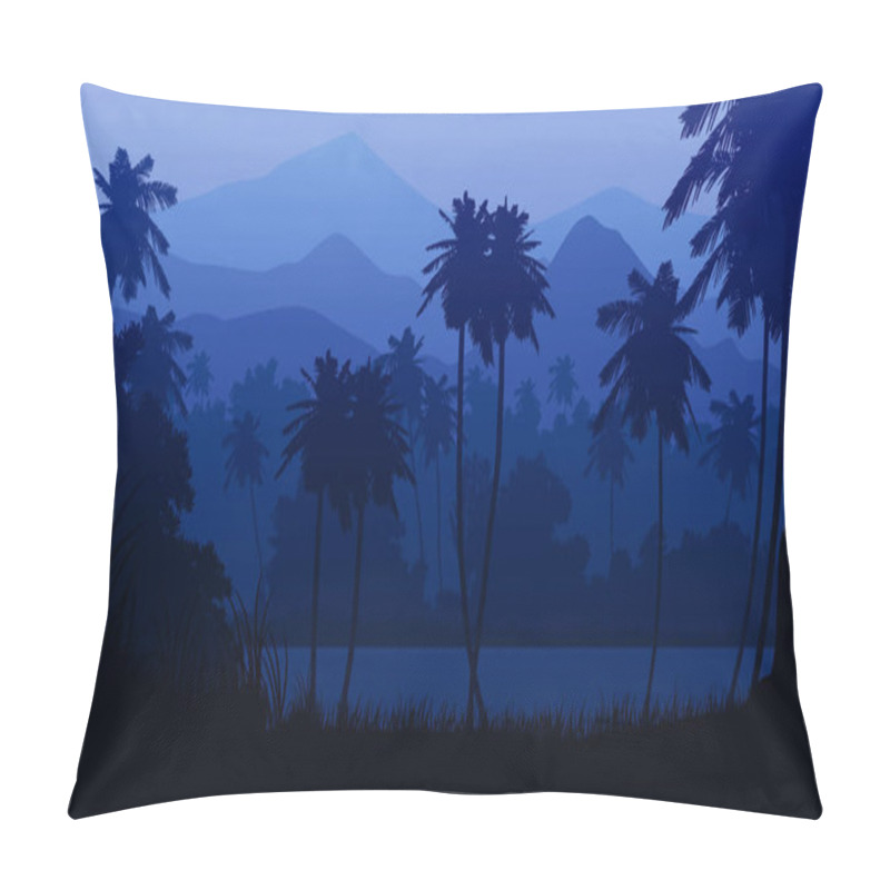 Personality  Evening Landscape Natural Forest Mountains Horizon And Evening Lagoon Landscape Wallpaper Illustration Vector Style Colorful Tone Background Pillow Covers